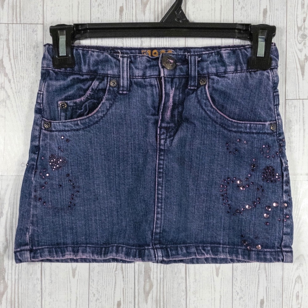 1989 Place Girls Size 8 Denim Skort Blue Stretch Rhinestone Floral Embellished